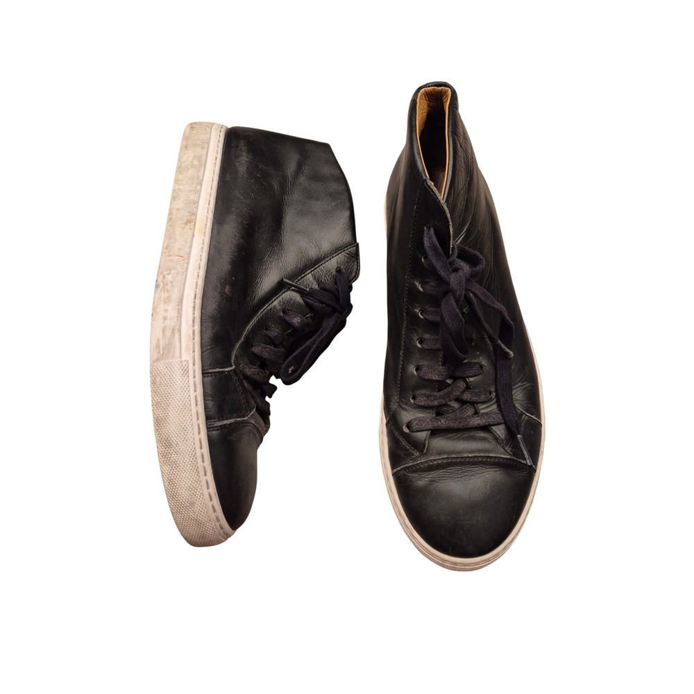 Magnanni Mens Black Leather Mid Top Sneakers Minimalist Lace Up Shoes Sz 11 M
